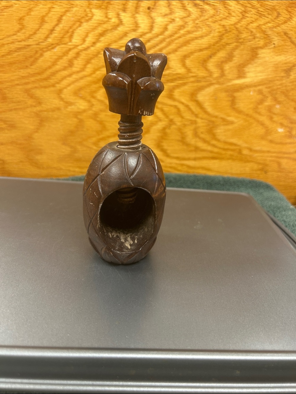 Vintage Hand-Carved Brown Wooden Nutcracker with Floral Finial 1984